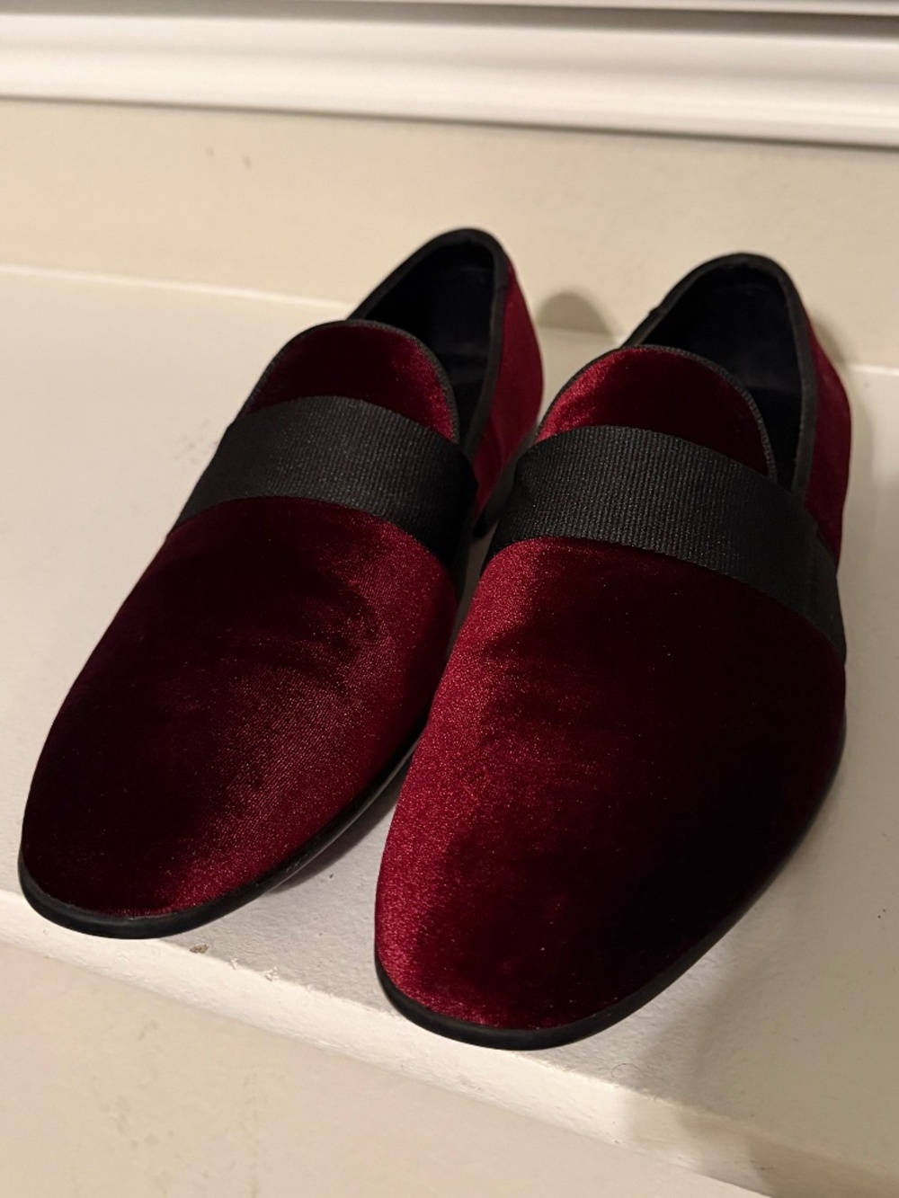 Burgundy Velvet Dress Loafers with Black Grosgrain Strap | Formal Evening Shoes
